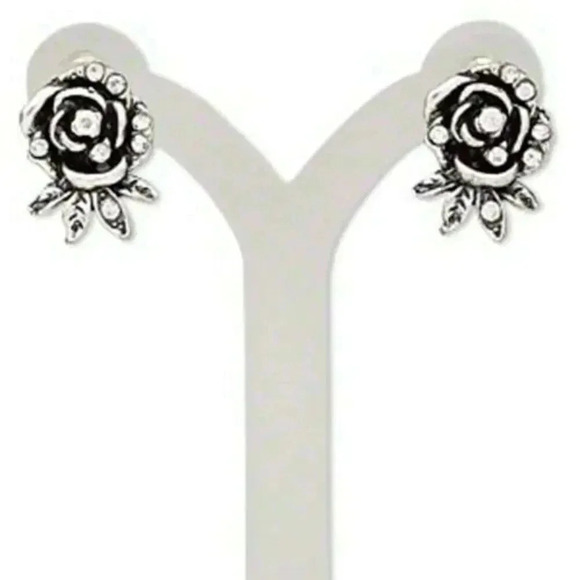 Antiqued Silver Austrian Crystal Rose Flower and Leaves Post Stud Earrings - Picture 1 of 1